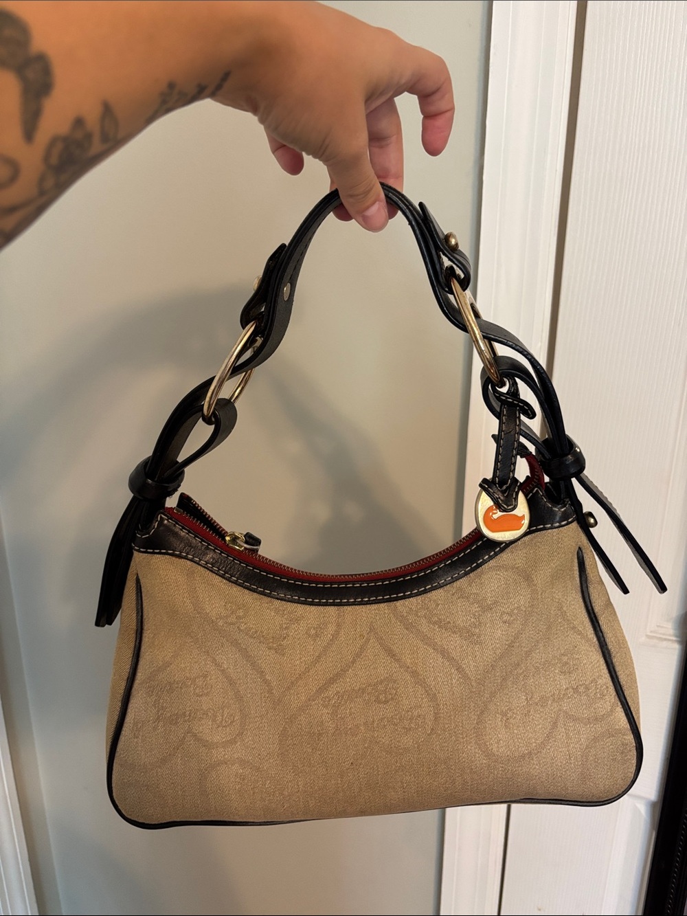 Dooney and Bourke Vintage Beige Canvas Shoulder Bag with Black Trim